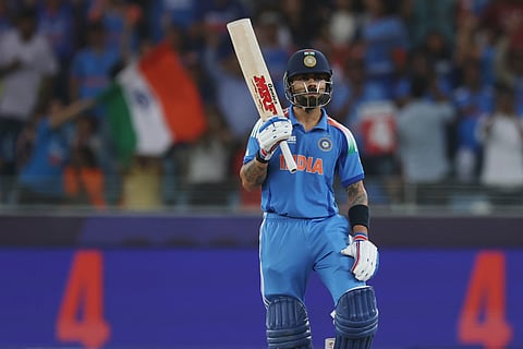Virat Kohli celebrates after scoring fifty runs during the ICC Champions Trophy semifinal between India and Australia at Dubai (Photo | AP)