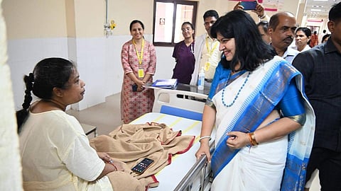 MP Aparajita Sarangi interacting with patients at AIIMS Bhubaneswar on Tuesday.