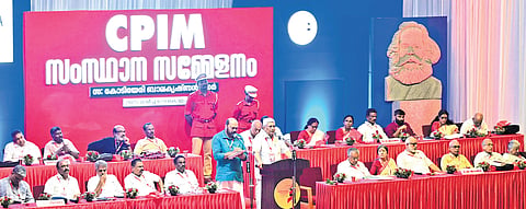 CPM politburo coordinator Prakash Karat inaugurating the delegate conference at the 24th CPM state conference at C Kesavan Memorial Hall in  Kollam on Thursday. Industries Minister P Rajeeve is seen translating the speech. 