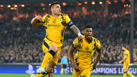 Inter Milan's Lautaro Martinez celebrates scoring his team's second goal during the UEFA Champions League round of 16 first leg football match between Feyenoord and Inter Milan on March 5, 2025. 
