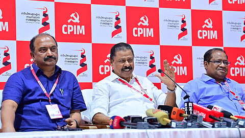 CPM state secretary MV Govindan speaks in press meet in Kollam on Friday, as part of CPM state conference. 