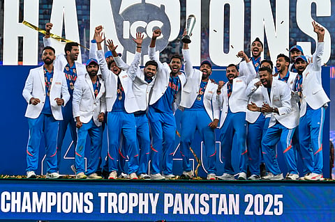 India players celebrate their win over New Zealand in the ICC Champions Trophy final in Dubai on Sunday 