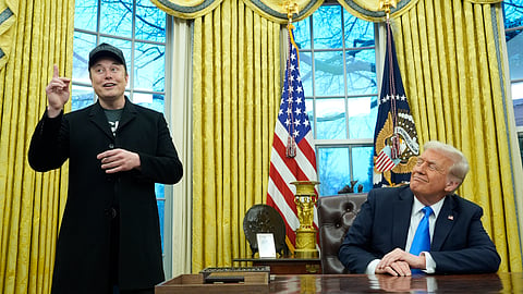 FILE - President Donald Trump listens as Elon Musk speaks in the Oval Office at the White House.