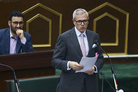  J&K Chief Minister Omar Abdullah addresses during the Budget session of the J&K Assembly, in Jammu, Monday, March 10, 2025.