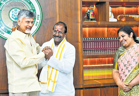 BJP leader Somu Veerraju called on CM N Chandrababu Naidu after filing nomination for MLC polls, along with State BJP chief Daggubati Purandeswari 
