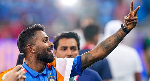 Hardik Pandya celebrates their win against New Zealand in the ICC Champions Trophy 2025 final cricket match, in Dubai, UAE, Sunday, March 9, 2025.  