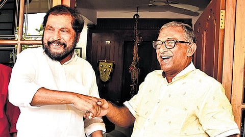 CPM district secretary Raju Abraham with former CPM MLA A Padmakumar at his residence in Aranmula, Pathanamthitta, on Monday
