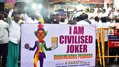 Selvaperunthagai, president of Tamil Nadu Congress Committee, along with his party workers, demonstrated and protested against Union Minister Dharmendra Pradhan over his remarks against Tamil Nadu and its MPs at MKG Nagar Vyasarpadi in Chennai.
