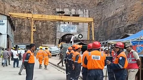 Rescue operation underway to locate workers trapped inside the partially collapsed Srisailam Left Bank Canal (SLBC) project tunnel, in Nagarkurnool, Telangana, Wednesday, March 12, 2025. 
