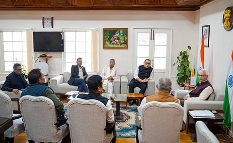 Manipur Governor Ajay Kumar Bhalla with MLAs Awangbow Newmai, Khashim Vashum, Losii Dikho, Leishiyo Keishing, J. Kumo Sha and Janghemlung Panmei during a meeting, at Raj Bhavan, in Imphal. 