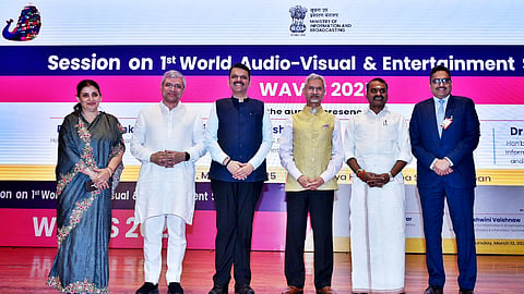 External Affairs Minister S. Jaishankar, Union Minister for Information & Broadcasting Ashwini Vaishnaw, Maharashtra Chief Minister Devendra Fadnavis and Union MoS for Information & Broadcasting L. Murugan during a session on the upcoming World Audio Visual & Entertainment Summit (WAVES) 2025, in Mumbai.