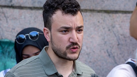 Student negotiator Mahmoud Khalil is on Columbia University campus in New York at a pro-Palestinian protest encampment on April 29, 2024. 