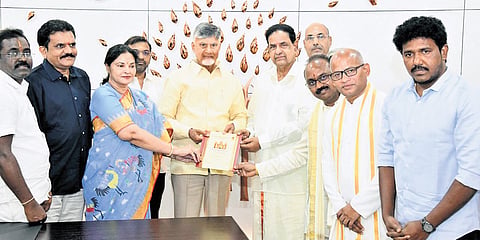 TTD Chairman BR Naidu along with Trust Board members and officials met Chief Minister Nara Chandrababu Naidu and invited him to Srivari Kalyanotsavam in Venkatapalem Sir Venkateswara temple on Friday.