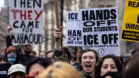A people gathered in Foley Square, outside the Manhattan federal court, in support of Mahmoud Khalil, Wednesday, March 12, 2025, in New York. 