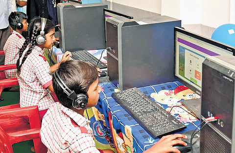 Chilldren attend an AI class at a government school in Karimnagar.