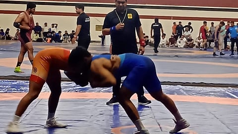 Wrestlers during the trials on Saturday in New Delhi