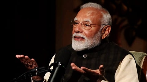 Prime Minister Narendra Modi during a podcast with Lex Fridman, in New Delhi, Sunday, March 16, 2025. 