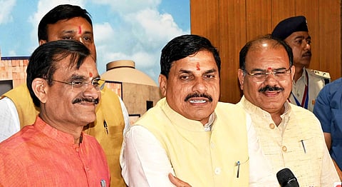 Madhya Pradesh Chief Minister Mohan Yadav addresses the media during the Budget session of the state Assembly, in Bhopal, 