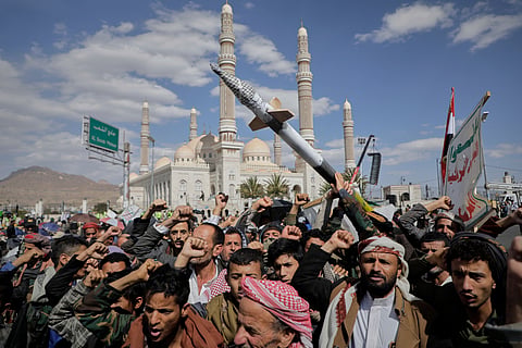 Houthi supporters chant slogans during an anti-U.S. and anti-Israel rally in Sanaa, Yemen on March 18.