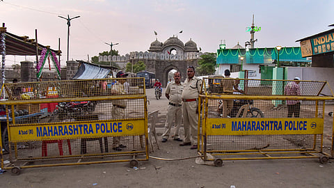 Security outside the Mughal emperor Aurangzeb's tomb, in Chhatrapati Sambhajinagar, Maharashtra.