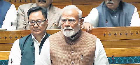 PM Narendra Modi speaks in the Lok Sabha during the Budget session of Parliament, in New Delhi on Tuesday.