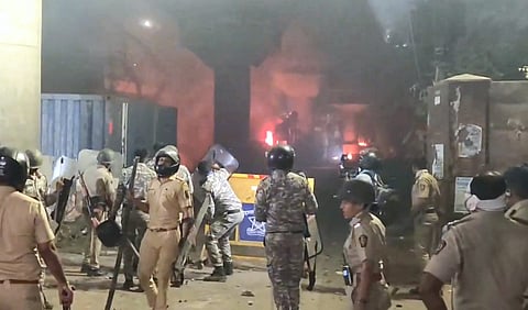 Police in action after clashes following the VHP-Bajrang Dal protest, in Nagpur.