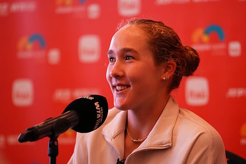 Mirra Andreeva speaks to the media on day one of the Miami Open at Hard Rock Stadium on March 18, 2025 in Miami Gardens, Florida.