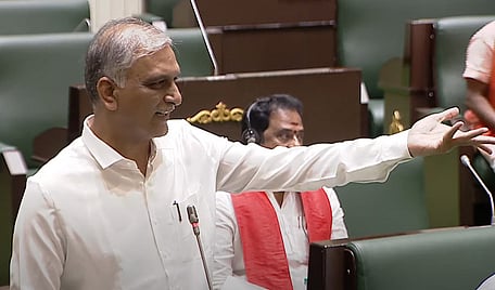 BRS MLA T Harish Rao speaks during the Assembly session. 