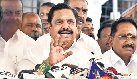 Edappadi K Palaniswami talking to reporters outside the Assembly 