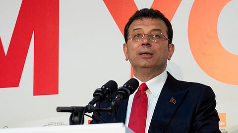 Republican People's Party, or CHP, candidate for Istanbul Ekrem Imamoglu talks to journalists at his party headquarters in Istanbul, Turkey, March 31, 2024. 