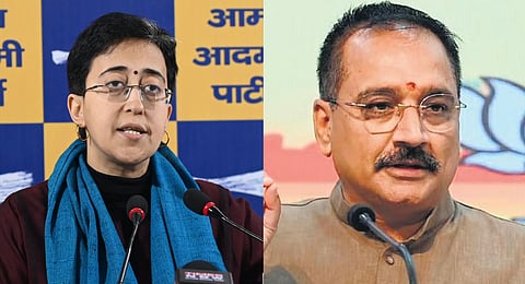 Collage of AAP leader Atishi (L) and Delhi BJP president Virendra Sachdeva (R).