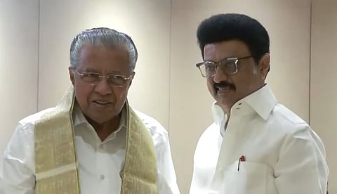 In this screengrab from a video posted by @TNDIPR21 via Youtube on Saturday, March 22, 2025, Tamil Nadu CM Stalin honours Kerala CM Pinarayi Vijayan ahead of the JAC meeting on delimitation.