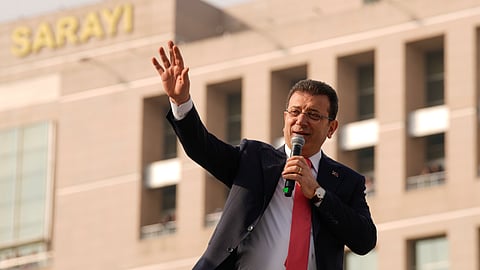 Istanbul's Mayor Ekrem Imamoglu addresses his supporters in front of the Istanbul courthouse, in Istanbul, Turkey, Friday, Jan. 31, 2025. 