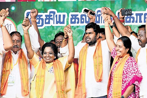 TN BJP chief K Annamalai with party leaders at a meeting in Tiruchy 