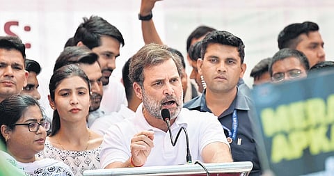 Rahul Gandhi at Jantar Mantar in New Delhi on Monday 