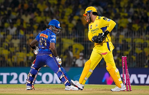 Mumbai Indians' batter Suryakumar Yadav being stumped out by Chennai Super Kings' MS Dhoni during the IPL 2025 cricket match between Chennai Super Kings and Mumbai Indians, at MA Chidambaram Stadium in Chennai, Sunday, March 23, 2025.