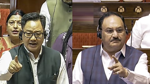 Union Minister Kiren Rijiju and Union Minister JP Nadda  speaks in the Rajya Sabha during the Budget session of Parliament, in New Delhi, Monday, March 24, 2025. 