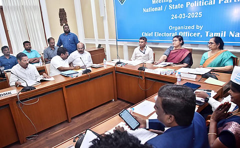 TN CEO Archana Patnaik chairs a meeting with the representatives of different political parties, at Secretariat on Monday in Chennai 