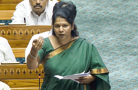  DMK MP Kanimozhi Karunanidhi speaks in the Lok Sabha during the Monsoon session of Parliament, in New Delhi, Thursday, Aug. 1, 2024