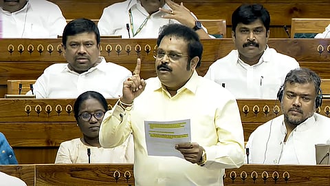 DMK MP M Kathir Anand speaks in the Lok Sabha during the Budget session of Parliament, in New Delhi, Tuesday, March 25, 2025.