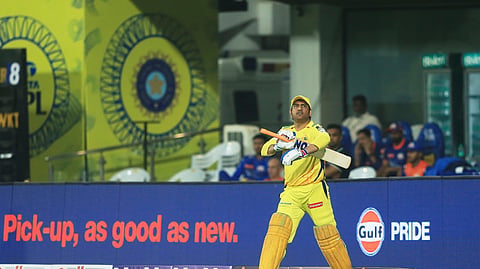 Chennai Super Kings' Mahendra Singh Dhoni steps out to bat during the Indian Premier League cricket match between Chennai Super Kings and Mumbai Indians in Chennai, India, Sunday, March 23, 2025. 