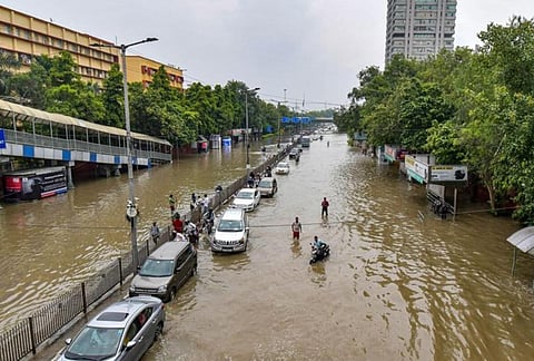 Waterlogged roads during the monsoon season in New Delhi 
