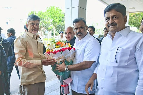CM Nara Chandrababu Naidu, revenue minister Anagani Satya and finance minister Payyavula Kesav during the 3rd district collectors conference at Secretariat in Velagapudi on Tuesday. 