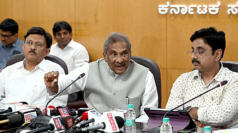 Power Minister KJ George pressmeet with along with officials at Vidhna Soudha in Bengaluru on Wednesday.