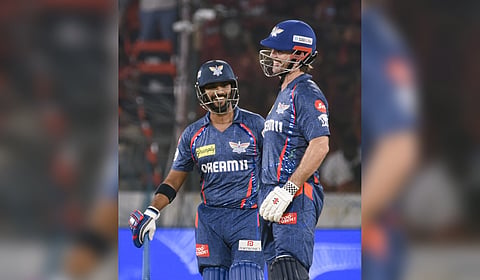 LSGs' Mitchell Marsh, right, and Nicholas Pooran greet each other between the wickets during an IPL 2025 T20 cricket match between Sunrisers Hyderabad and Lucknow Super Giants on Thursday, March 27, 2025.