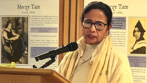 In this screengrab from a video posted by @AITCofficial via X on Thursday, March 27, 2025, West Bengal Chief Minister Mamata Banerjee delivers a keynote address on "Social Development-Girl, Child and Women Empowerment in West Bengal" at Kellogg College, during a visit to the University of Oxford. 