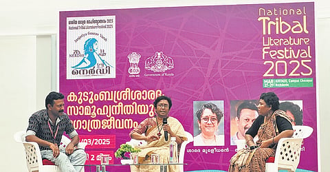 Chief Secretary Sarada Muraleedharan with activist Bindhu Ammini and 
journalist-anchor Rajaneesh V R at National Tribal Literature Festival in Kozhikode