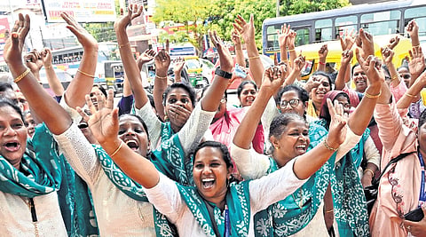Anganwadi workers rejoice as their indefinite strike in front of the Secretariat comes to an end on Saturday
