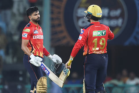 Punjab Kings captain Shreyas Iyer, left, and Nehal Wadhera celebrate their team's victory in the Indian Premier League match against Lucknow Super Giants (Photo | AP) 