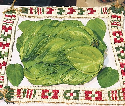 Thovalai maanikka maalai placed around the Kumbakonam betel leaves 